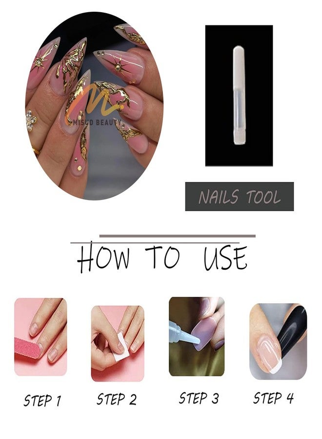 MISUD Press on Nails - Long Stiletto Fake Nails with Pink Ombre, Acrylic 3D Gold Chrome Design 24 pcs - Image 5